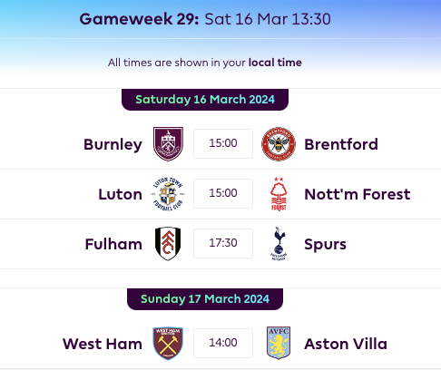 FPL GW29 Fixtures